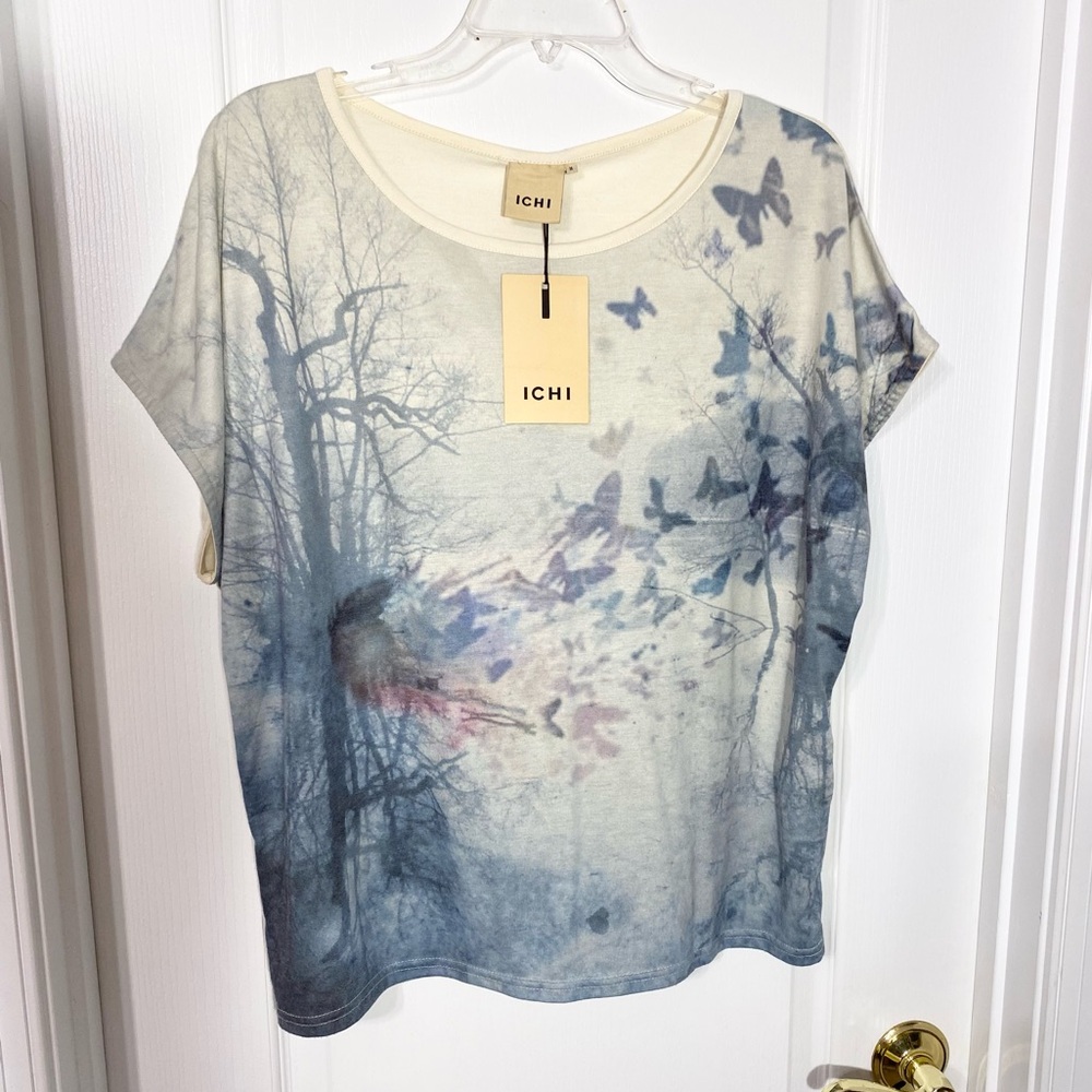 Anthro ICHI Butterfly Tree Graphic Gathered Back Short Sleeve Dolman Tee Cream M